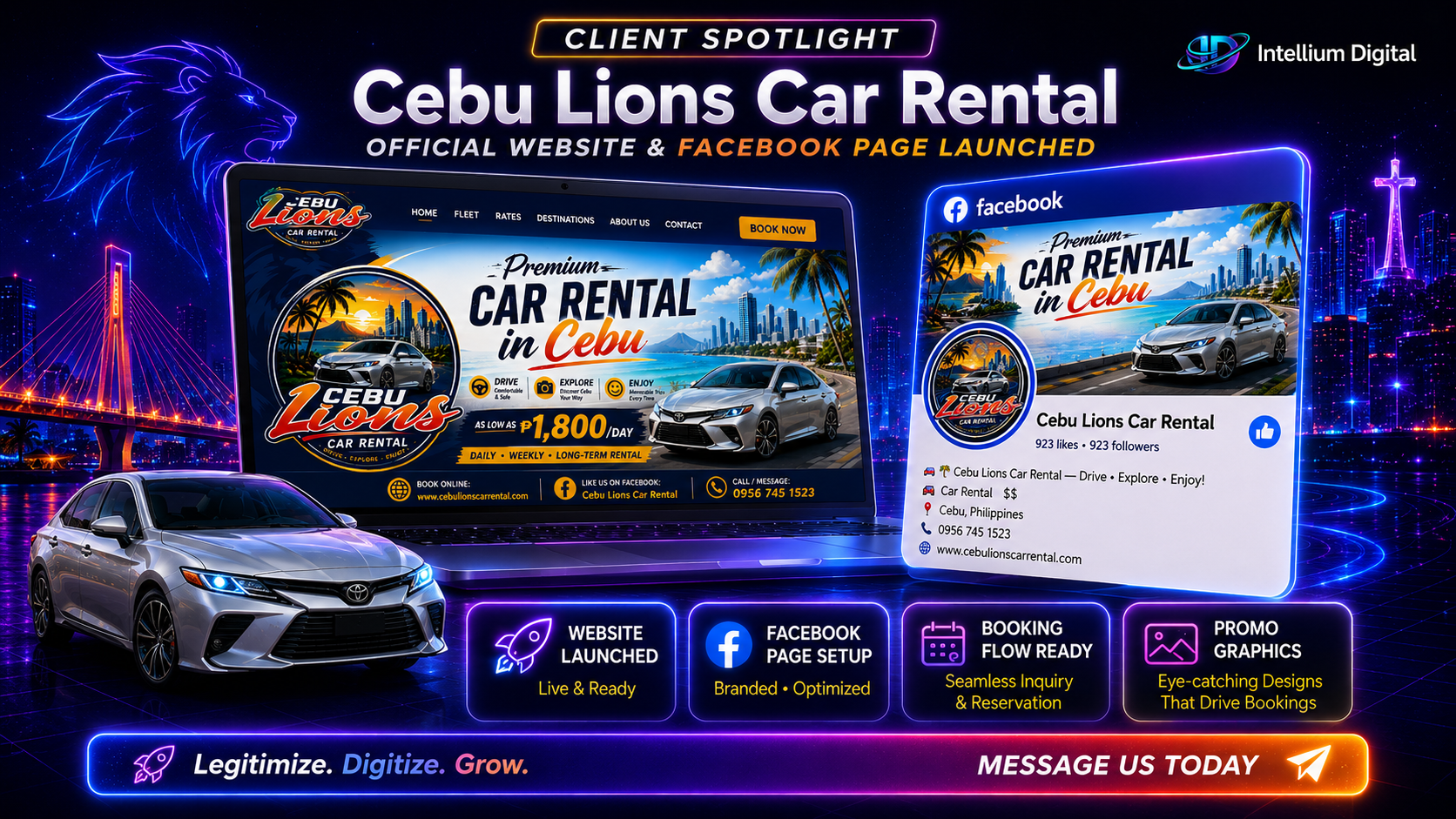 Client spotlight graphic for Cebu Lions Car Rental showing website and Facebook launch